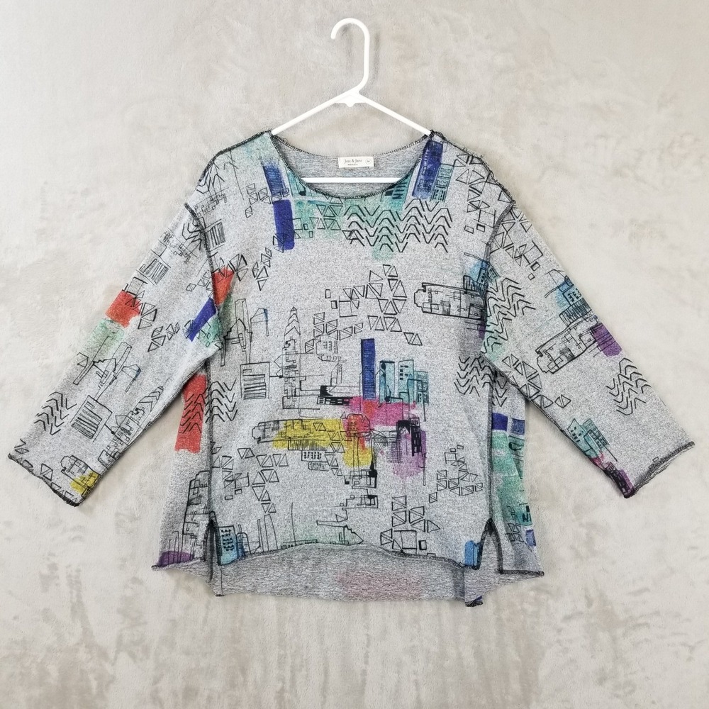 Jess & Jane Top Womens M Gray Abstract Geometric Art to Wear Long Sleeve Tunic